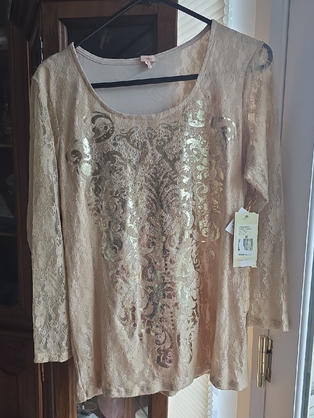 Reba Cream Lace Long-Sleeve Top with Gold Sequin Detail